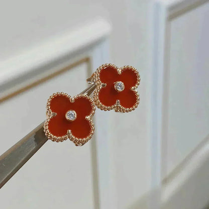 [⭐Hesperis Jewelry]CLOVER MEDIUM 1 MOTIFS CARNELIAN  DIAMOND earrings