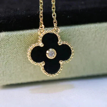 [⭐Hesperis Jewelry]CLOVER 15MM DIAMOND ONYX NECKLACE