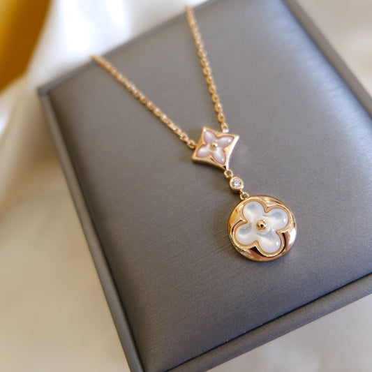 [⭐Hesperis Jewelry]STAR AND SUN WHITE MOP 2 MOTIF PINK GOLD NECKLACE