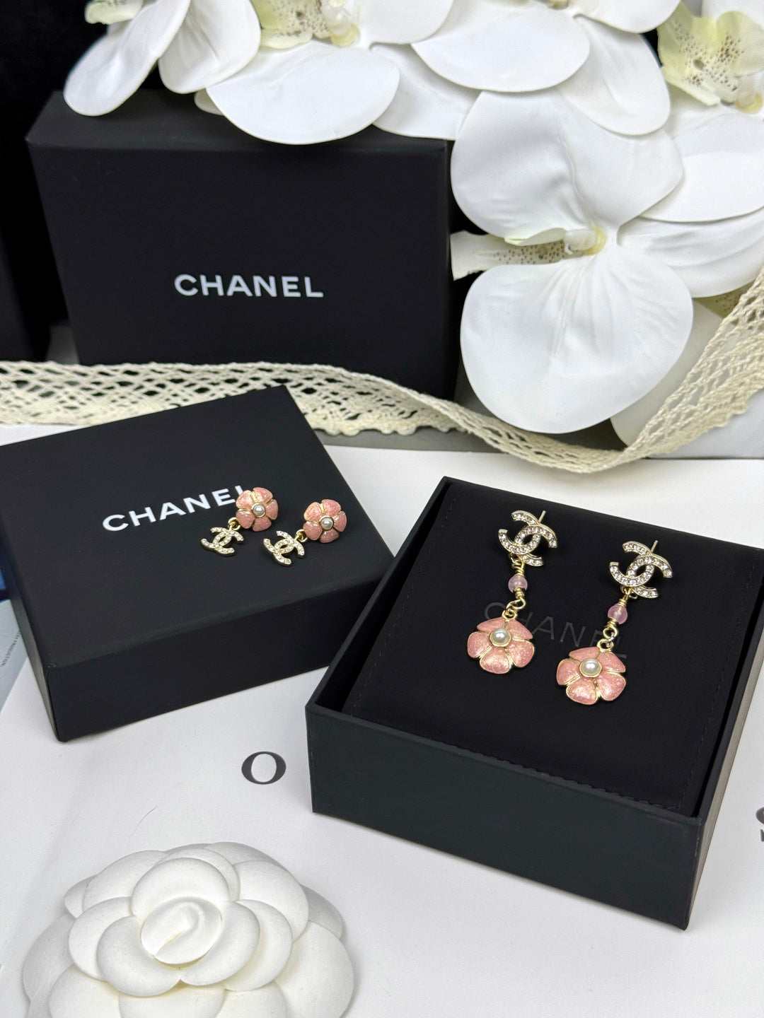 [⭐Hesperis Jewelry]26C Pink Camellia Enamel Pendant with Double C Earrings