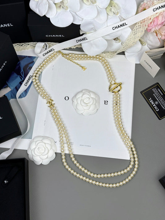 [⭐Hesperis Jewelry]25K Pencil Double C Double-Layer Pearl Sweater Chain