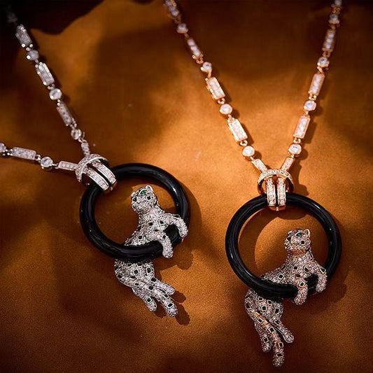 [⭐Hesperis Jewelry jewelrys]NEW BLACK CIRCLE PANTHER FULL DIAMOND NECKLACE