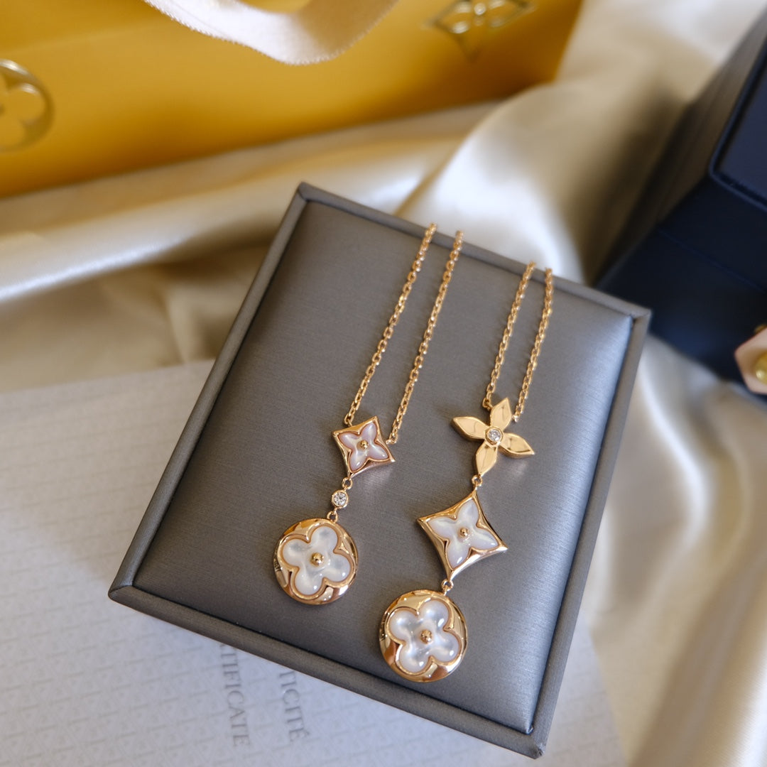 [⭐Hesperis Jewelry]COLOR BLOSSOM LARIAT NECKLACE PINK GOLD WHITE MOTHER PEARL AND DIAMOND