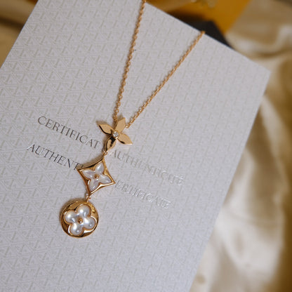 [⭐Hesperis Jewelry]COLOR BLOSSOM LARIAT NECKLACE PINK GOLD WHITE MOTHER PEARL AND DIAMOND