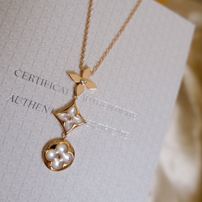 [⭐Hesperis Jewelry]COLOR BLOSSOM LARIAT NECKLACE PINK GOLD WHITE MOTHER PEARL AND DIAMOND