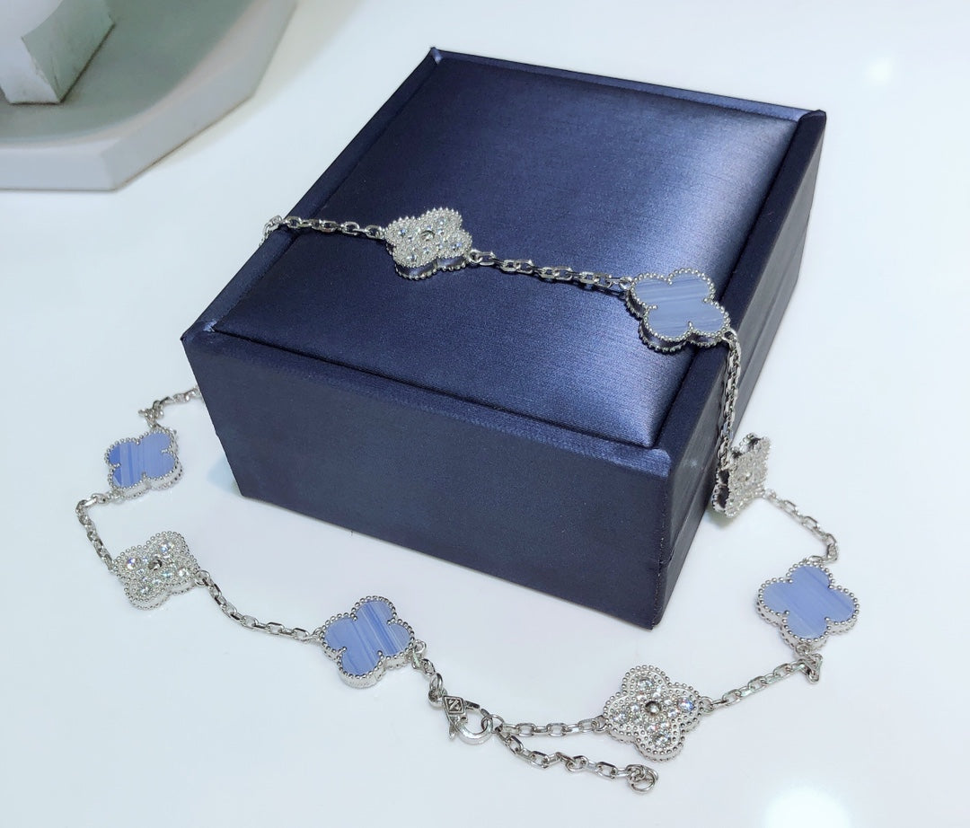 [⭐Hesperis Jewelry]CLOVER 10 MOTIFS CHALCEDONY DIAMONDS SILVER NECKLACE