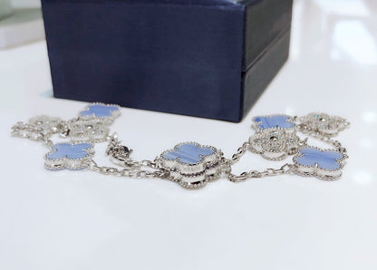 [⭐Hesperis Jewelry]CLOVER 10 MOTIFS CHALCEDONY DIAMONDS SILVER NECKLACE