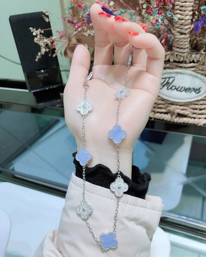 [⭐Hesperis Jewelry]CLOVER 10 MOTIFS CHALCEDONY DIAMONDS SILVER NECKLACE